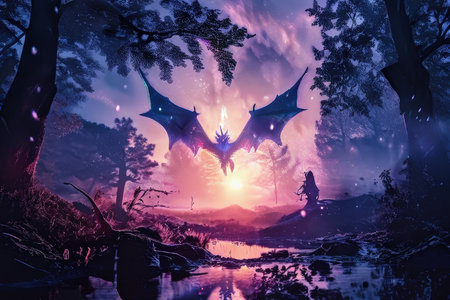 A magical dragon flying over a forest at twilight with mystical glowing elements and fantasy art styleの素材