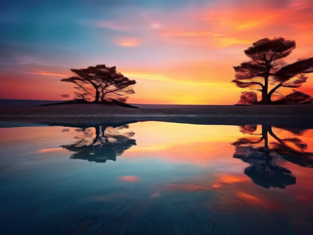 Silhouetted trees reflecting in a tranquil body of water at sunsetの素材