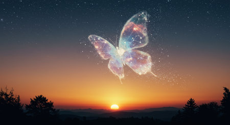 A cosmic butterfly silhouette against a starry sky during sunsetの素材