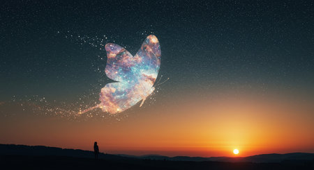 A person silhouetted against a sunset sky with an ethereal butterfly composed of stars and galaxiesの素材