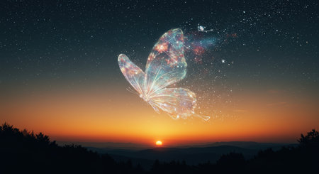 A glowing butterfly in space above a sunsetの素材