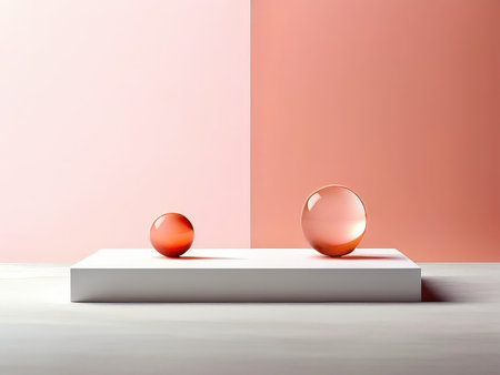 Abstract composition featuring translucent orange spheres on a minimalist platform against dualtoned backgroundの素材