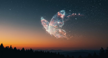 A celestial butterfly floating above a forest during twilightの素材