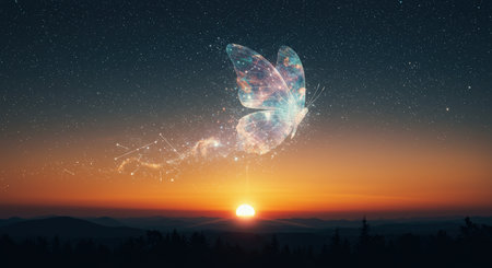 A mystical butterfly emerges against a backdrop of starry night and sunset over mountainsの素材