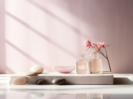 A still life composition of beauty products and flowers on a pink backgroundの素材