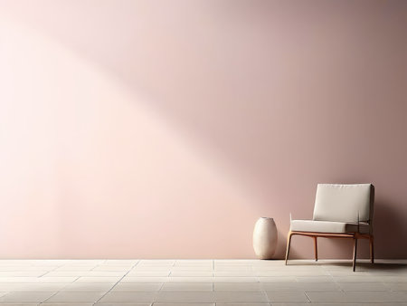 Modern minimalist seating area with a chair and decorative vase on tiled flooring against a pink wallの素材