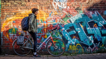 A person with a backpack standing by a colorful graffiti mural and holding an orange bicycleの素材