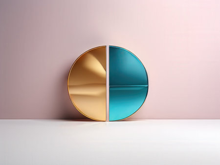 A modern abstract art piece featuring reflective gold and blue panels on a minimalist backgroundの素材