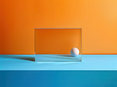 Minimalist composition with a reflective glass block and an egg on contrasting colorful surfacesの素材