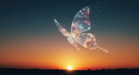 A cosmic butterfly emerging from a sunset horizonの素材