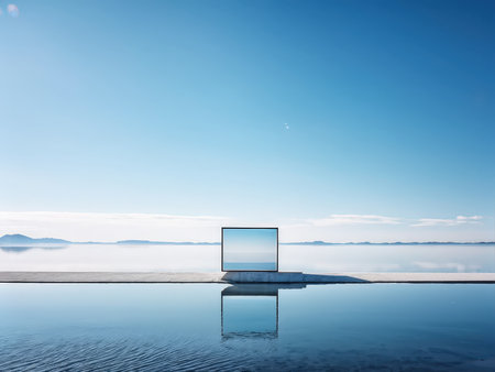 A surreal scene where a computer screen mirrors the tranquil seascape, blending technology with natureの素材