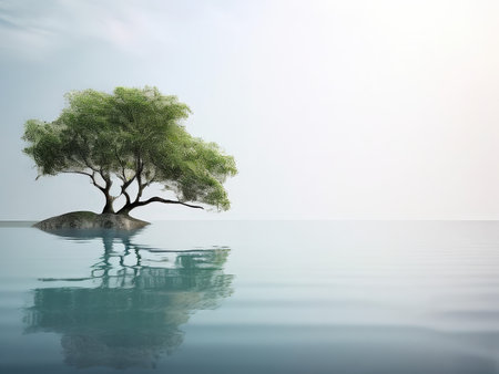 A solitary tree with expansive foliage standing in calm waters against a tranquil skyの素材