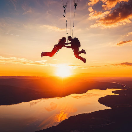 Silhouettes joyfully swinging above a sunset landscape with water reflectionsの素材