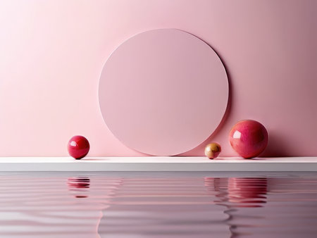 A stilllife composition featuring a large pink circle and red spheres on a reflective surfaceの素材