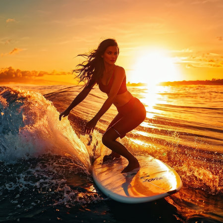 A surfer at sunset captures the essence of freedom and adventureの素材