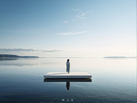 A solitary figure stands on a floating platform amidst tranquil waters under a clear skyの素材