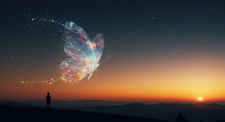 A silhouette of a person admiring the night sky and constellations in transformation into butterfliesの素材