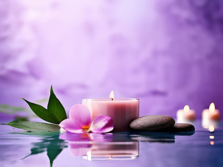 A serene spa setting with a lit candle and tranquil water reflecting flowersの素材
