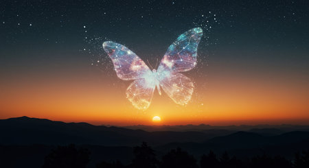 A celestial butterfly silhouette against a sunset skyの素材