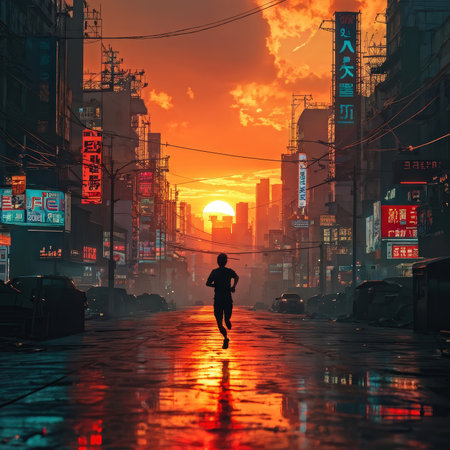 A solitary figure running down a neonlit cyberpunk cityscape during sunsetの素材