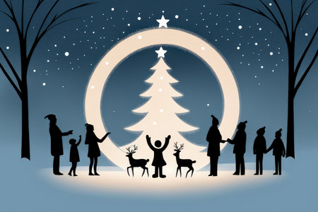 A group celebrating Christmas with silhouetted figures and a glowing tree under the night skyの素材