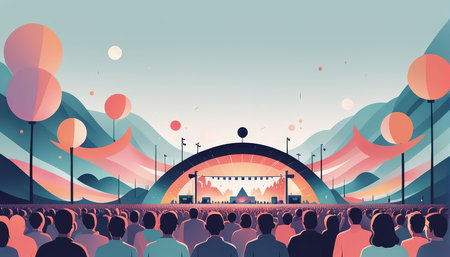 A colorful concert scene with a large audience and scenic backgroundの素材