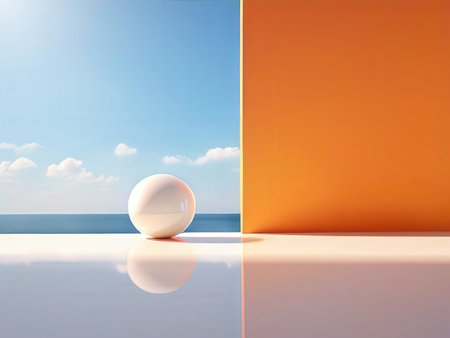 Minimalistic composition depicting a sphere on a reflective surface with contrasting backgroundsの素材