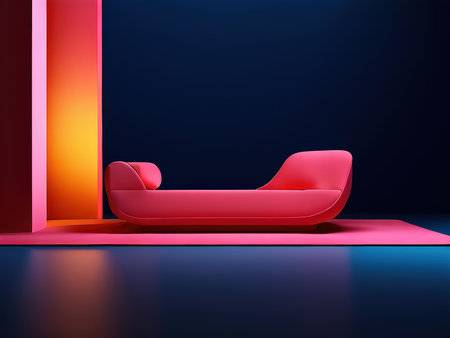 Modern minimalistic sofa in a dramatic lighting environment with contrasting colorsの素材