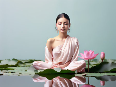 A serene woman meditating with lotus flowers reflecting on waterの素材