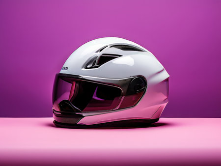 A sleek motorcycle helmet on a pink surface against a purple backgroundの素材