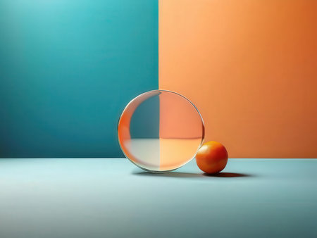 A stilllife composition featuring a sphere and an orange on contrasting background gradientsの素材