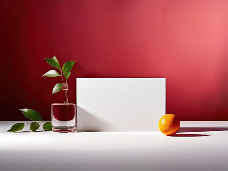 A still life composition featuring a glass of red liquid with a green plant, an orange fruit, and leaves on a white surface against a red backgroundの素材