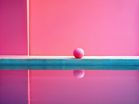 A minimalist composition featuring a pink ball floating above water against a gradient of pink huesの素材