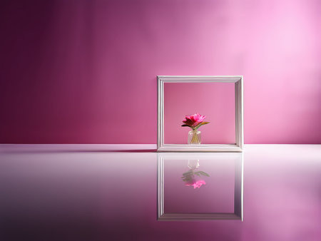 A pink flower in a vase reflected on a glossy surface against a monochromatic backgroundの素材