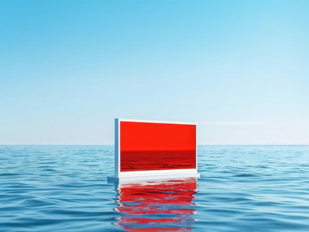 A red digital screen floating in tranquil blue waters under a clear skyの素材