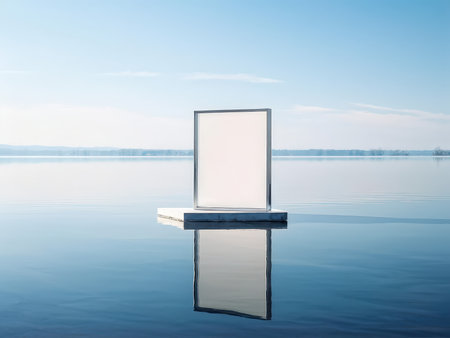 A reflective billboard on a calm body of water under a clear skyの素材