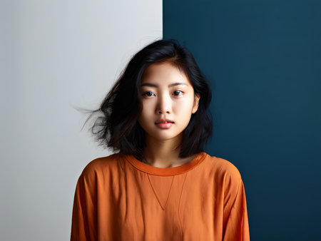 Portrait of a contemplative individual in an orange top against a contrasting twotone backgroundの素材