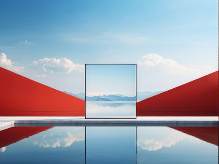 A modern art installation featuring a reflective pool and red walls framing a serene landscape reflectionの素材