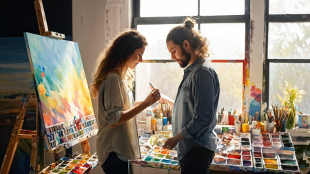 Two artists collaborating on a colorful painting in an art studioの素材