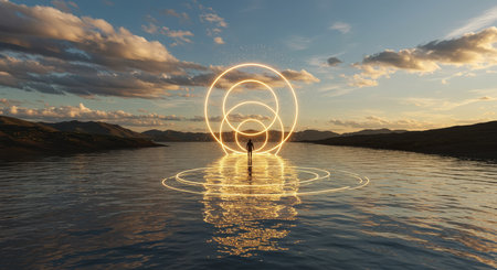 A person standing on calm waters surrounded by golden circular light rings during a sunsetの素材