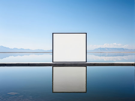 A strikingly minimalist and tranquil image depicting a blank billboard in serene landscapeの素材