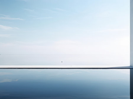 A person balances on a tightrope over calm waters under a clear skyの素材