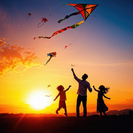 Silhouettes of a man and children flying kites during sunsetの素材