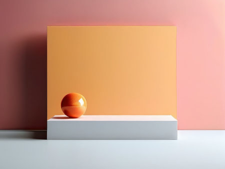 A minimalist still life featuring an orange ball on a platform against contrasting pastel backgroundsの素材