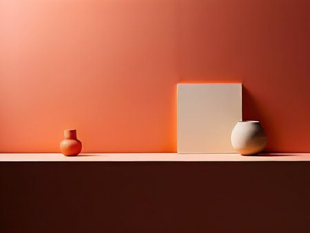 A minimalist still life with ceramic vases and a block against an orange backgroundの素材
