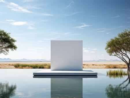 A tranquil modern art installation in a serene natural settingの素材