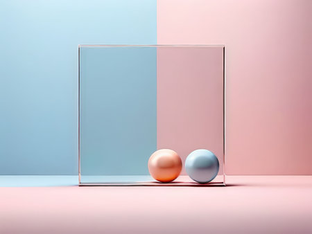 A minimalist still life featuring a clear glass box with reflective surfaces and two metallic balls on opposite colored backgroundsの素材