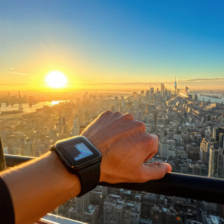 A person enjoying a sunrise with an urban skyline in the backgroundの素材