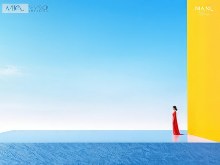 A solitary figure in a red dress standing before contrasting bright blue and yellow wallsの素材