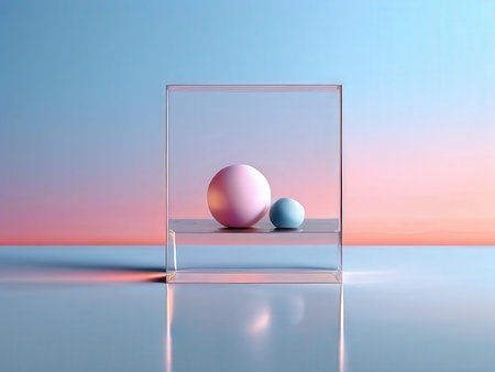 Two glossy spheres in a clear cube against a gradient bluepink skyの素材